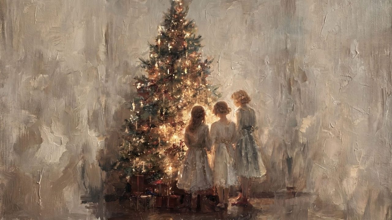 Christmas Frame TV Art, Vintage Holiday Oil Painting (Children by Christmas Tree)