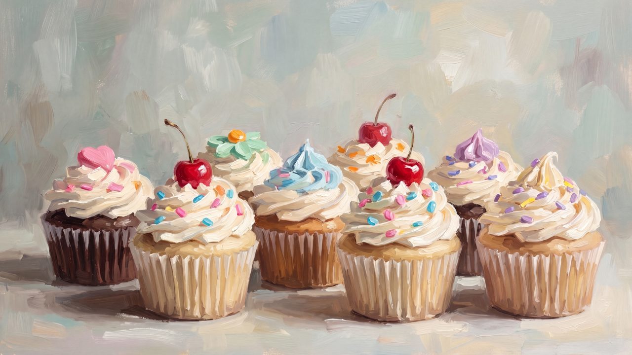 Happy Birthday Frame TV Art, Colorful Party TV Background (Cherry Topped Cupcakes)