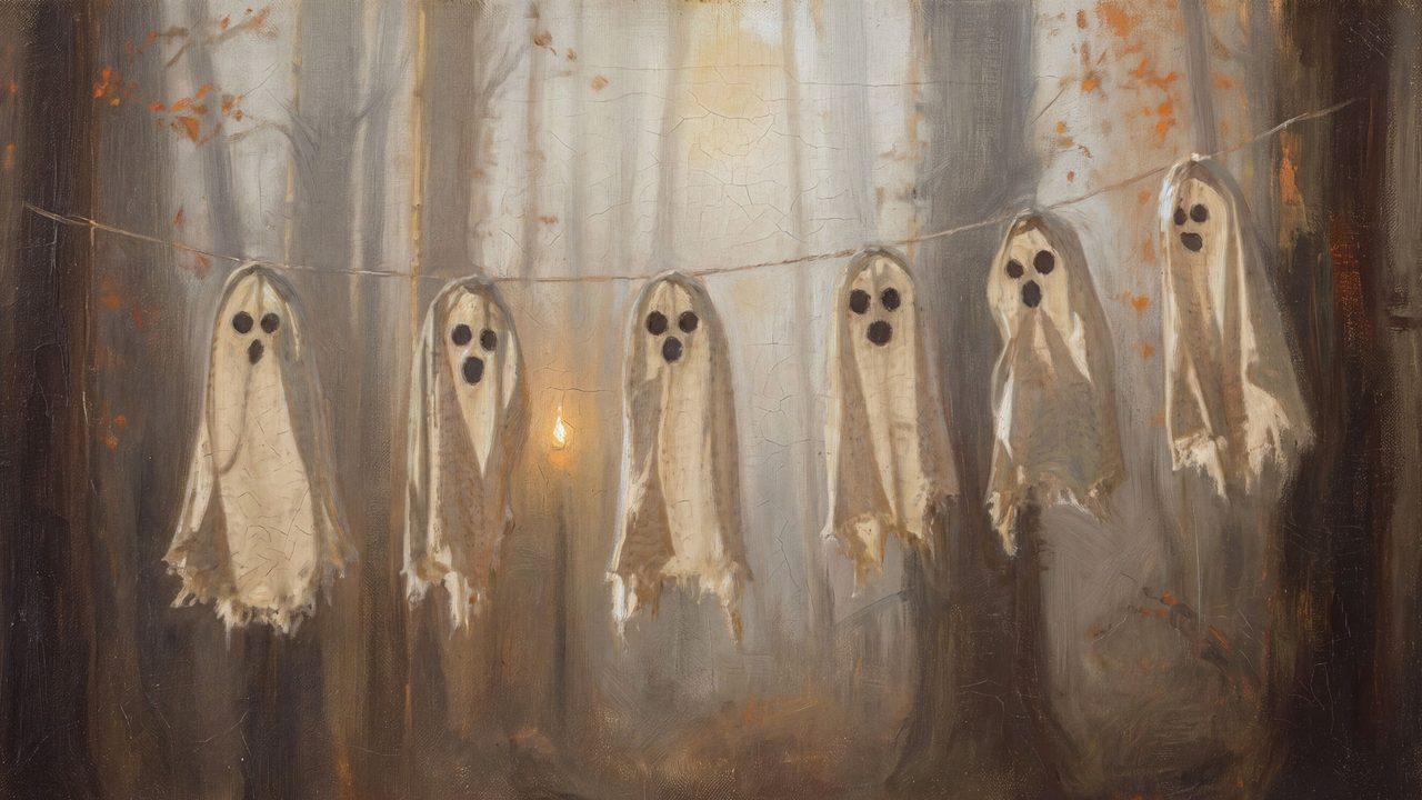 Halloween Frame TV Art, Vintage Moody Oil Painting (Ghost Garland in Forest)