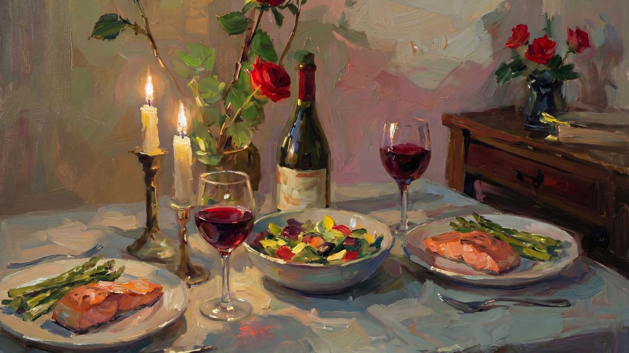 Valentine Frame TV Art, Romantic Vintage Oil Painting (Candlelit Dinner with Wine)