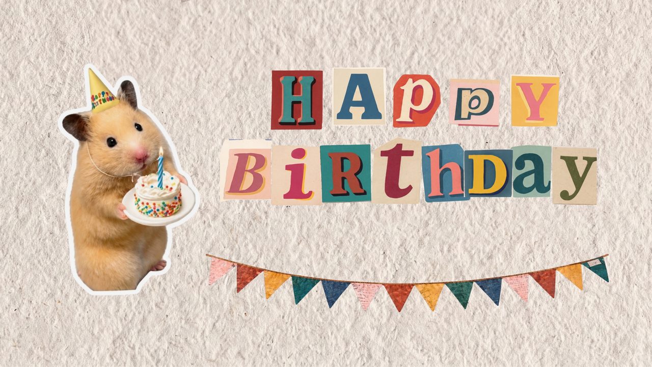 Happy Birthday Frame TV Art, Colorful Party TV Background (Hamster with Cupcake)