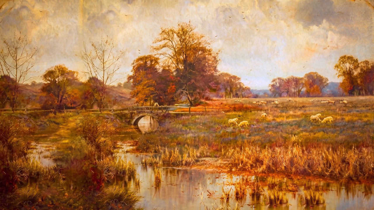 Fall Frame TV Art, Vintage Autumn Oil Painting (Autumn Marsh with Sheep)