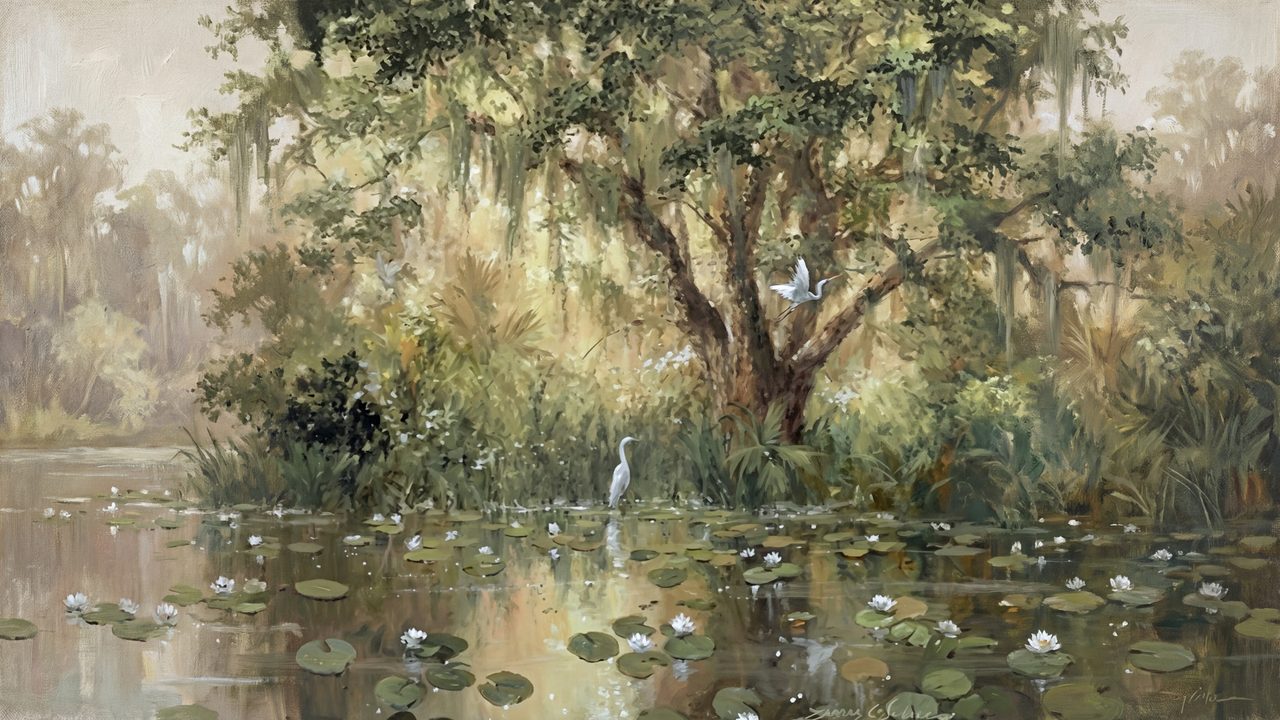 Vintage Frame TV Art, Antique Landscape Oil Painting (Heron in Lush Swamp)