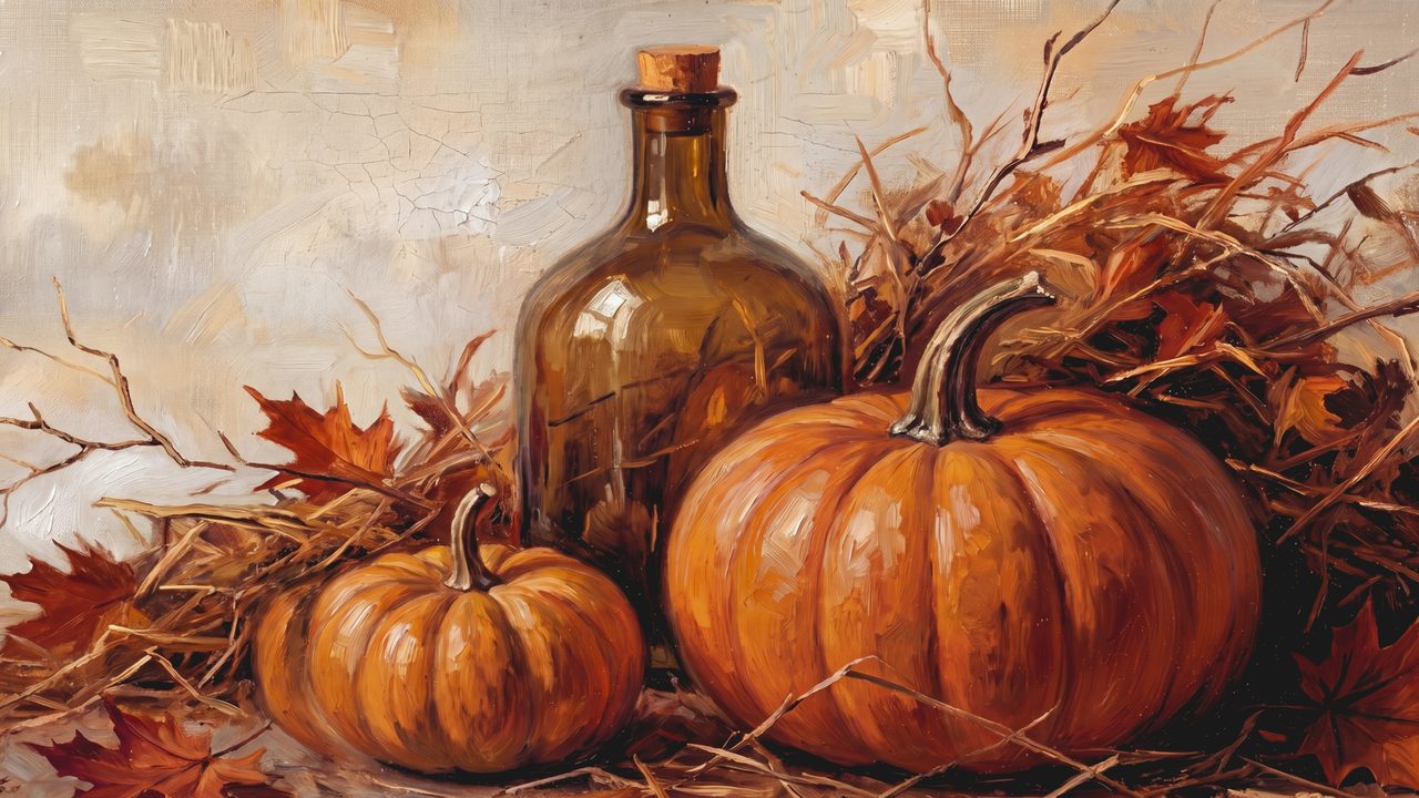 Fall Frame TV Art, Vintage Autumn Oil Painting (Pumpkins with Amber Bottle)