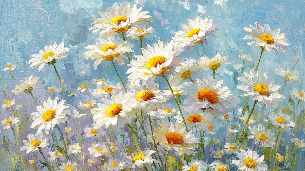 Spring Frame TV Art, Vintage Floral Landscape Oil Painting (White Daisies Against Sky)