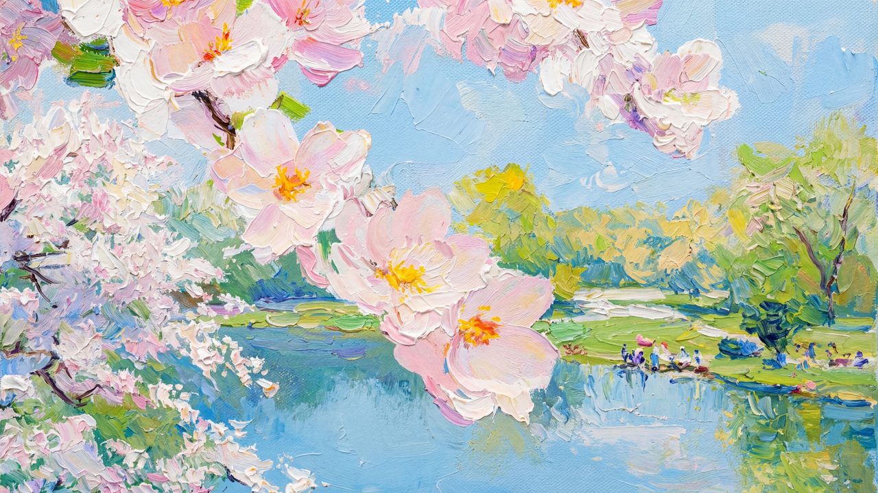 Spring Frame TV Art, Vintage Floral Landscape Oil Painting (Blossoms over River)