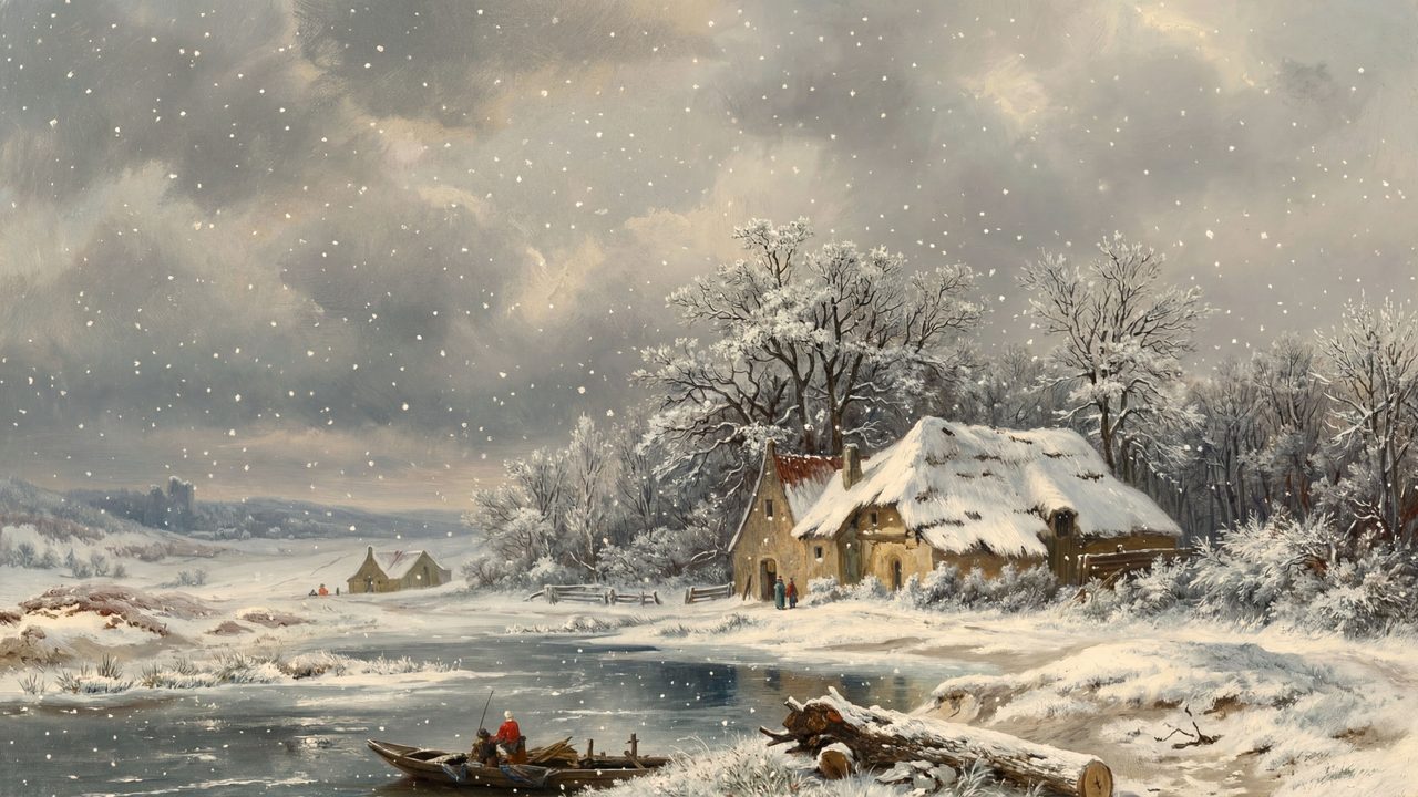 Christmas Frame TV Art, Vintage Holiday Oil Painting (Snowy Cottage by River)
