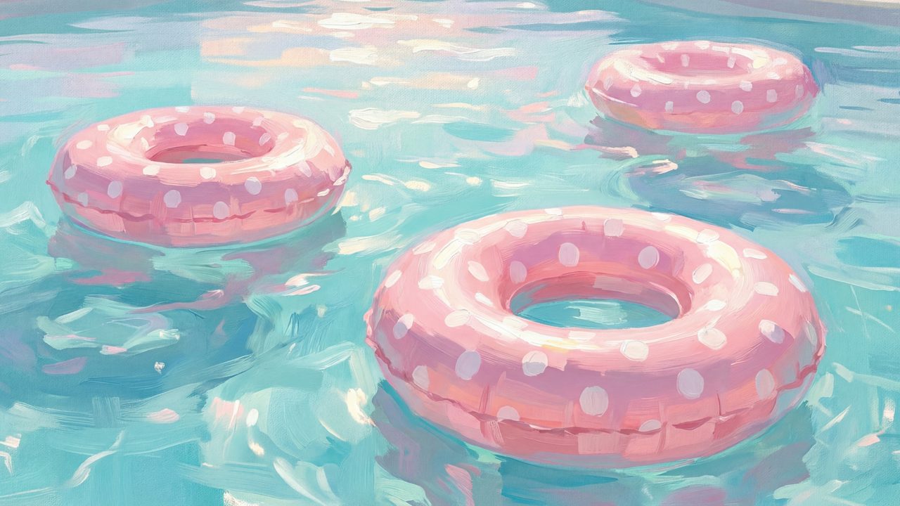 Summer Frame TV Art, Coastal Beach Oil Painting (Pink Pool Floats)