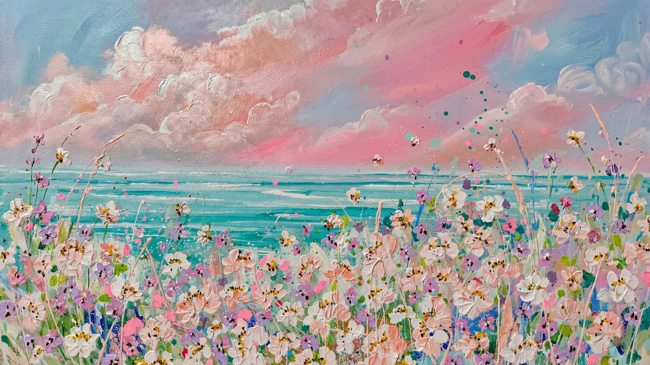 Spring Frame TV Art, Vintage Floral Landscape Oil Painting (Flower Field by Turquoise Sea)