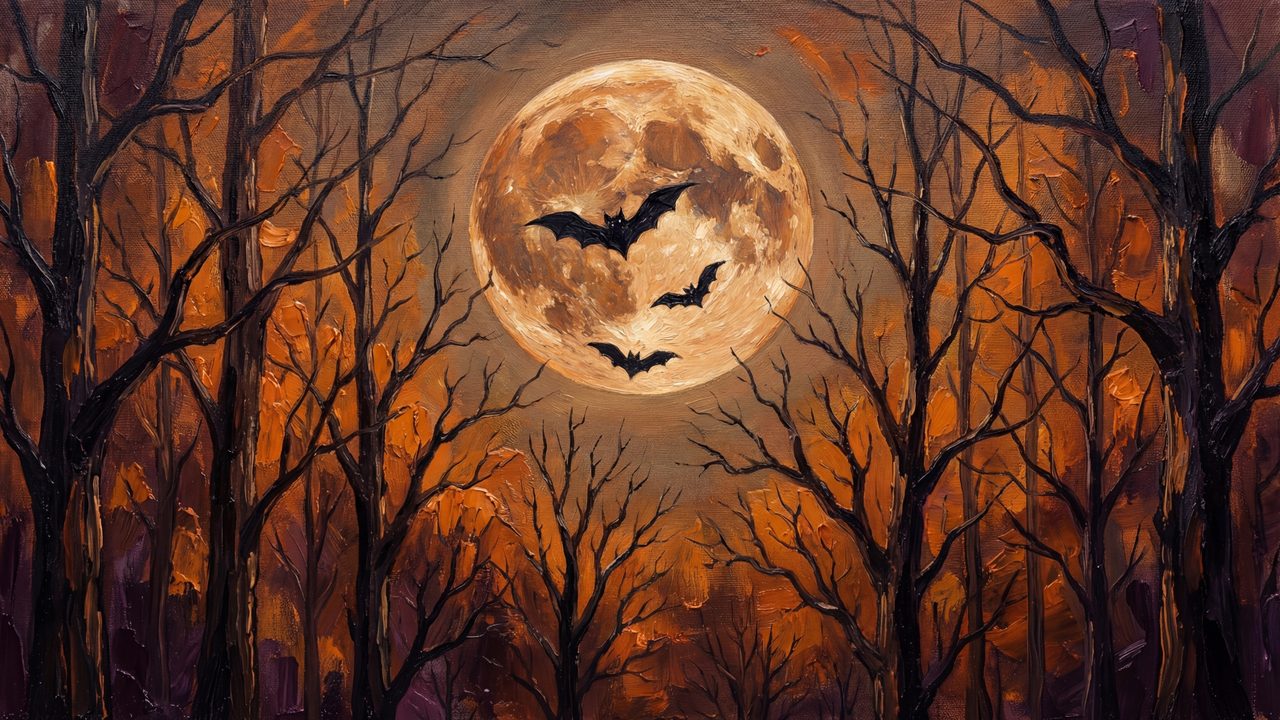 Halloween Frame TV Art, Vintage Moody Oil Painting (Bats over Moonlit Forest)