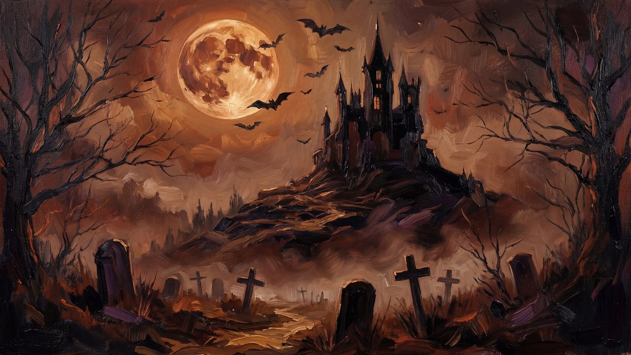 Halloween Frame TV Art, Vintage Moody Oil Painting (Castle on Hill with Bats)
