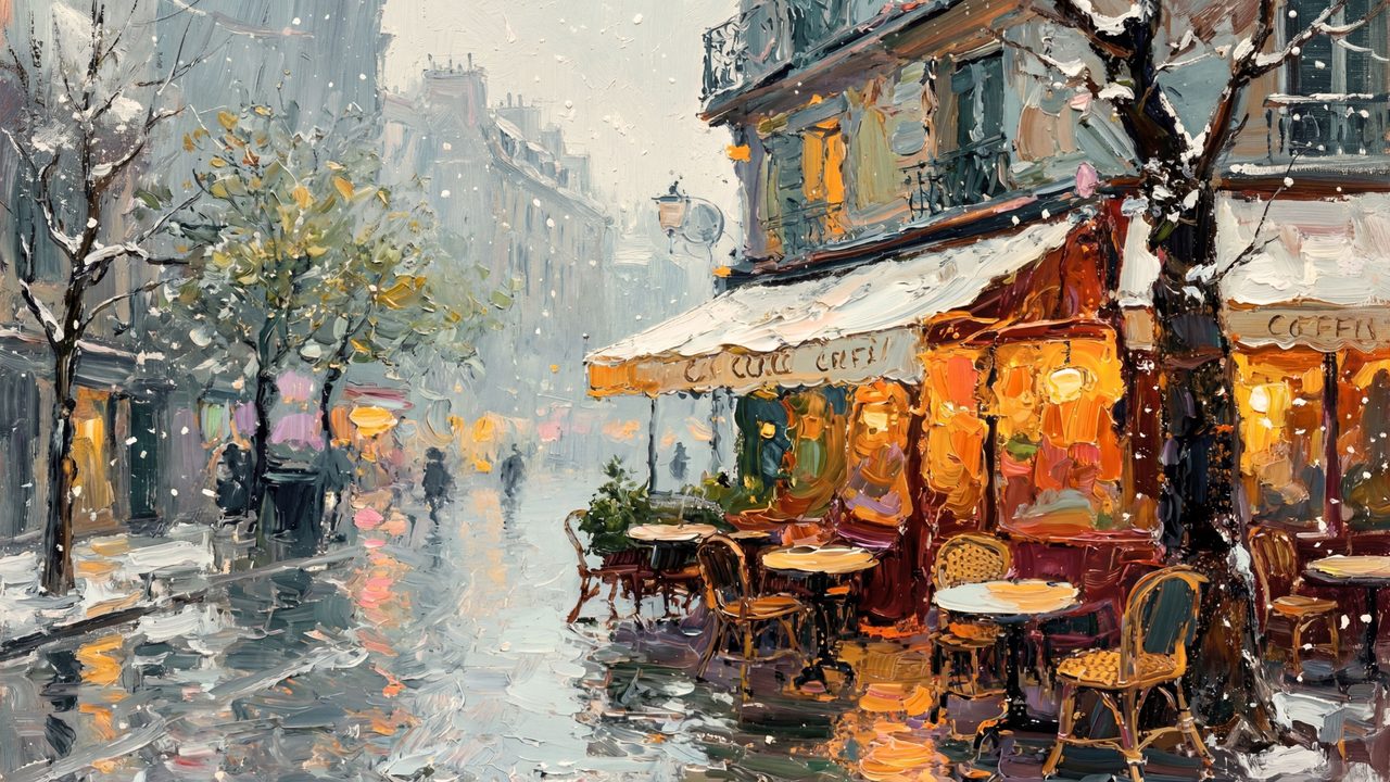 Christmas Frame TV Art, Vintage Holiday Oil Painting (Paris Cafe in Snowfall)