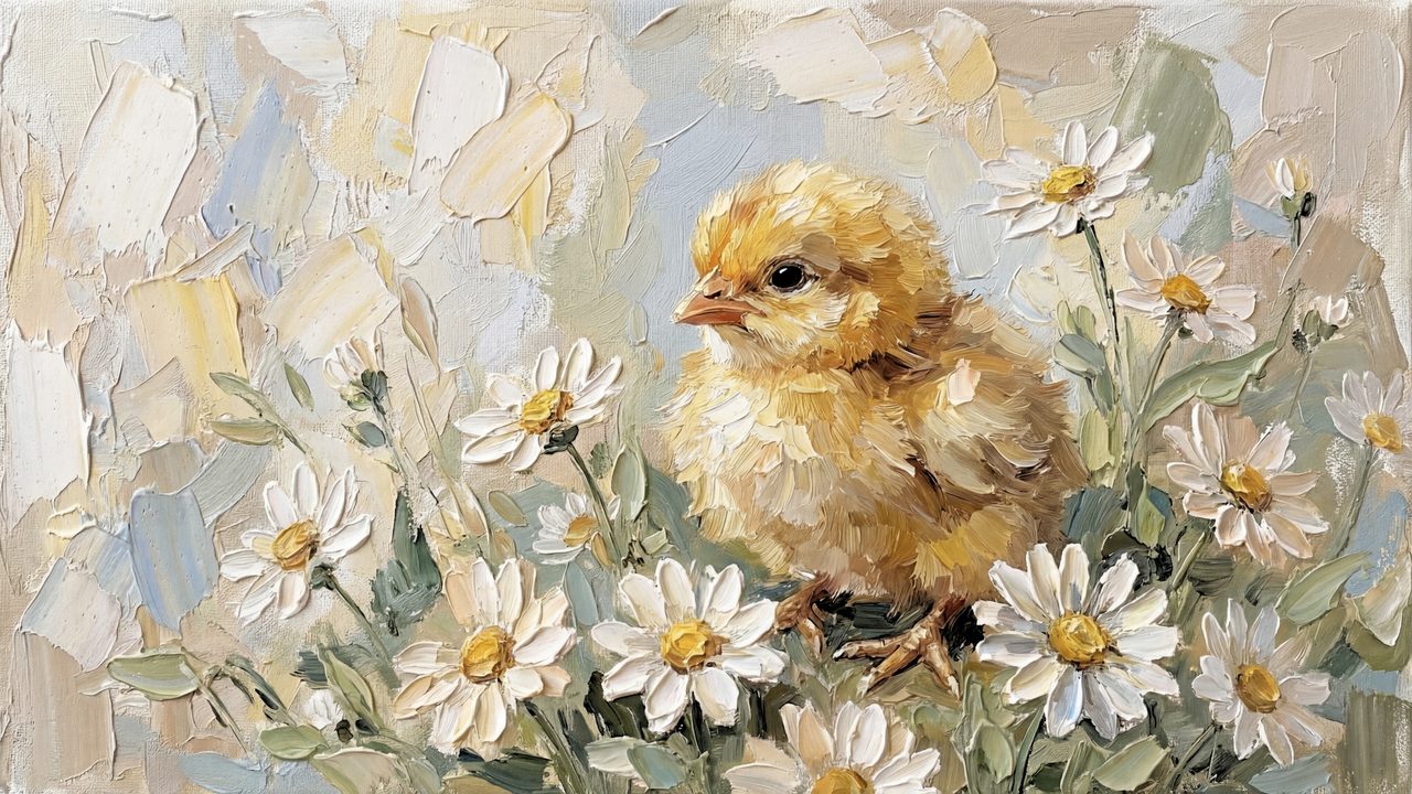 Easter Frame TV Art, Pastel Spring Oil Painting (Chick Among Daisies)