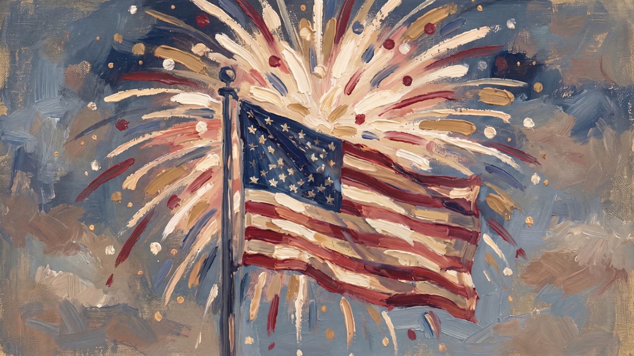 4th of July Frame TV Art, Patriotic American Oil Painting (Flag Before Fireworks)