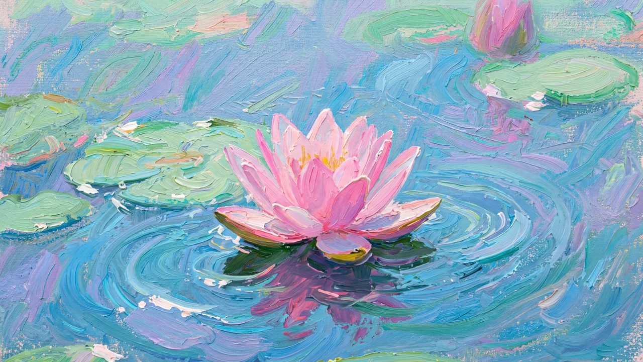 Spring Frame TV Art, Vintage Floral Landscape Oil Painting (Pink Lotus on Pond)