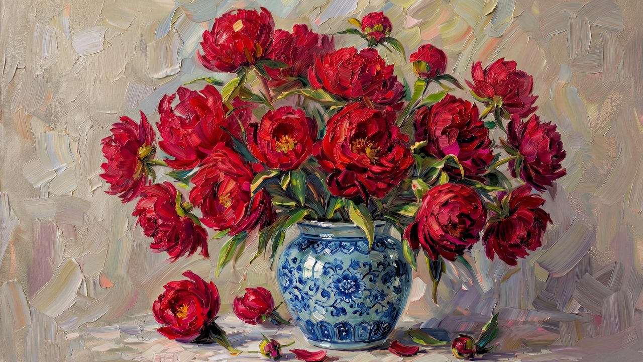 Romantic Red Peonies Samsung Frame TV Art, Vintage Floral Oil Painting, Blue and White Chinoiserie Vase