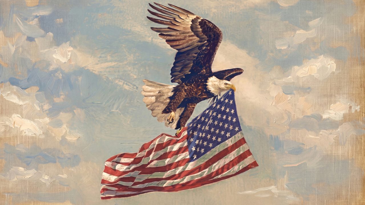 4th of July Frame TV Art, Patriotic American Oil Painting (Eagle Carrying American Flag)