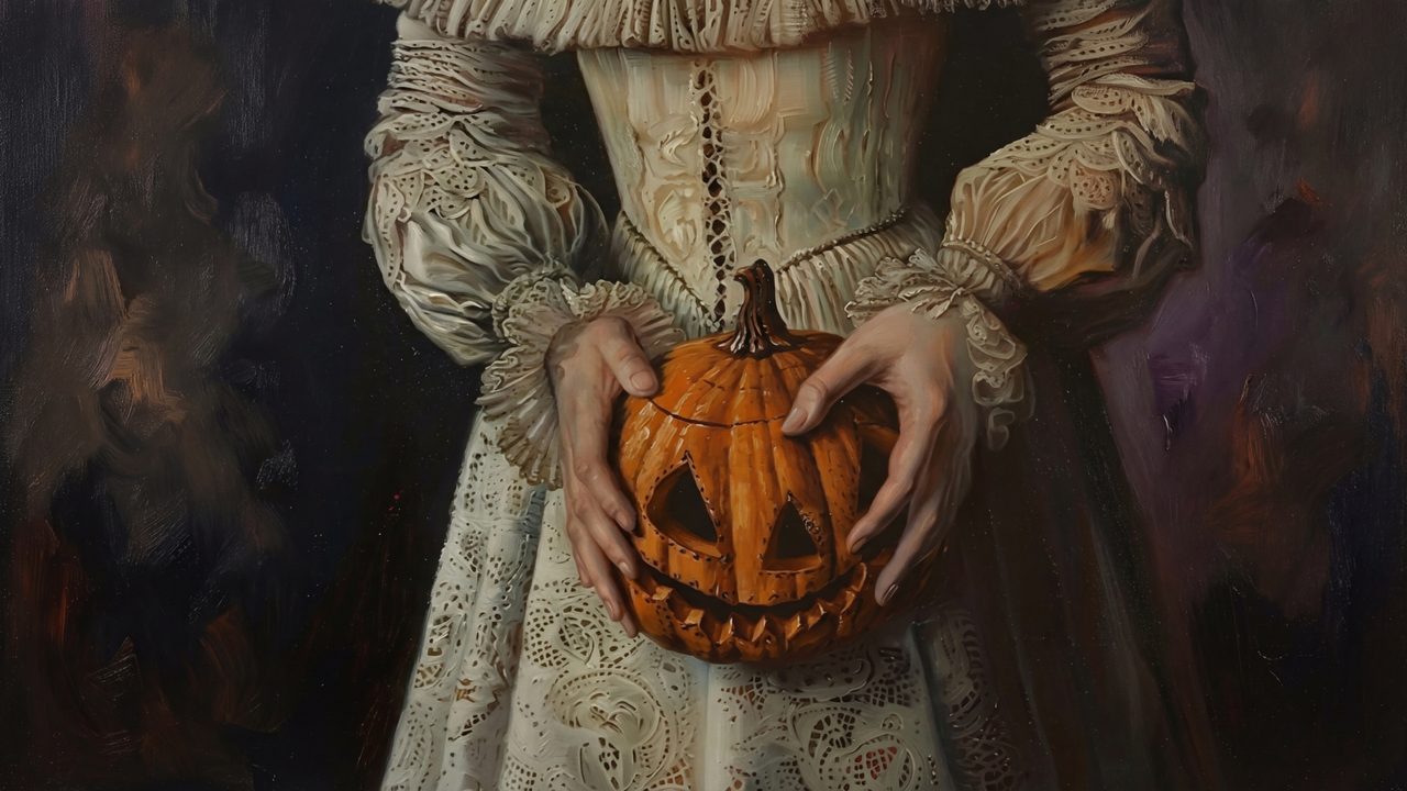 Halloween Frame TV Art, Vintage Moody Oil Painting (Woman Holding Jack-o-Lantern)