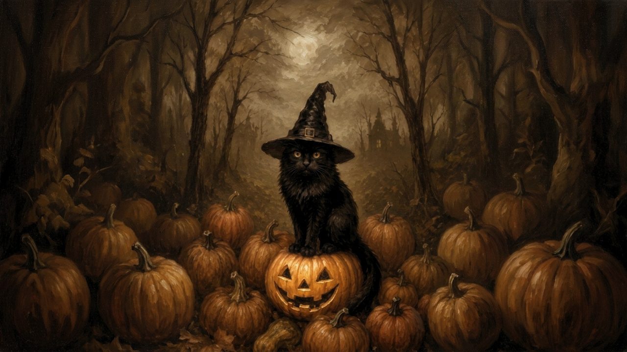 Fall Frame TV Art, Vintage Autumn Oil Painting (Black Cat on Jack O Lantern)