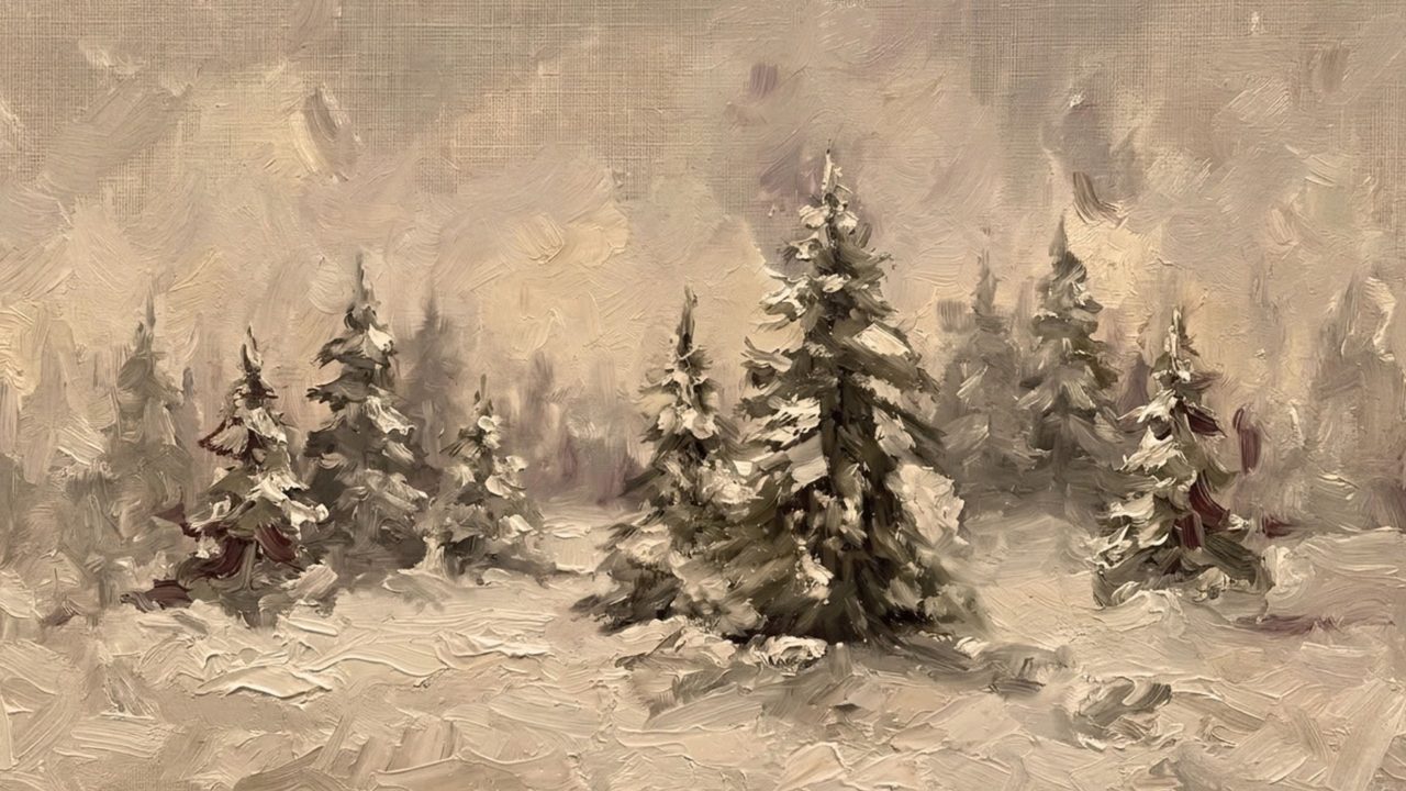 Christmas Frame TV Art, Vintage Holiday Oil Painting (Snowy Fir Trees)