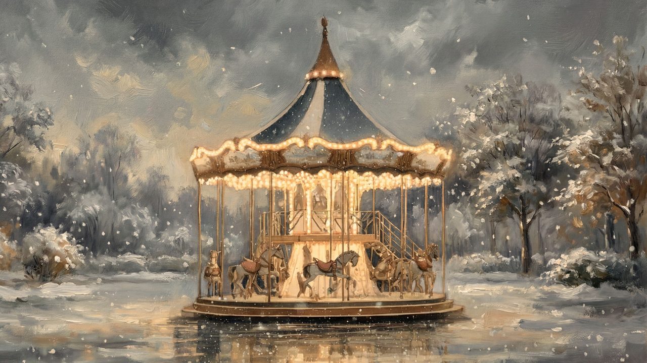 Christmas Frame TV Art, Vintage Holiday Oil Painting (Carousel in Snow)