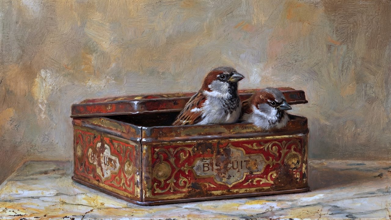 Vintage Frame TV Art, Antique Landscape Oil Painting (Sparrows in Red Tin Box)