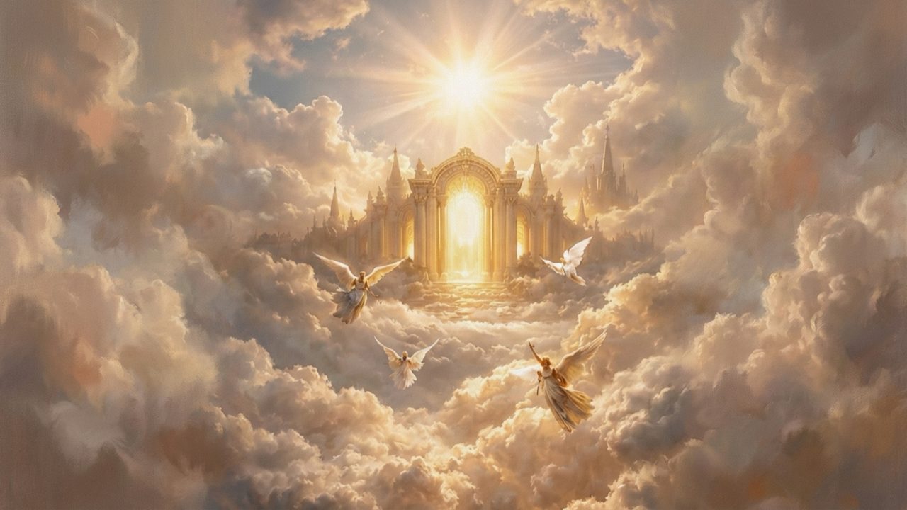 Christian Frame TV Art, Jesus Religious Oil Painting (Heavenly Gates Above Clouds)