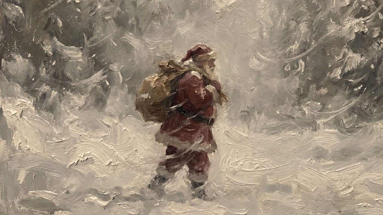 Christmas Frame TV Art, Vintage Holiday Oil Painting (Santa Walking in Blizzard)