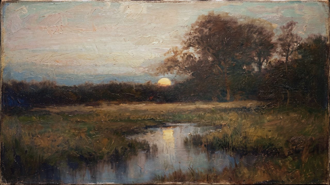 Vintage Frame TV Art, Antique Landscape Oil Painting (Sunset Over Marsh Pond)