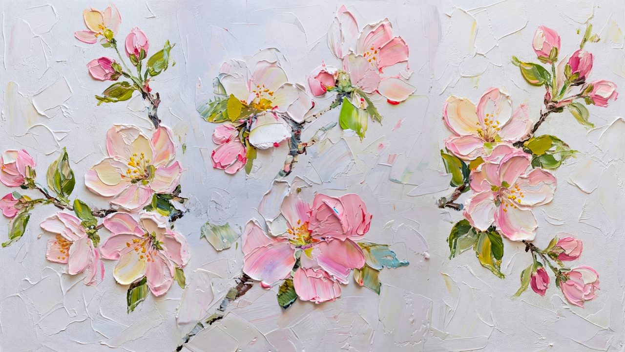Spring Frame TV Art, Vintage Floral Landscape Oil Painting (Pink Apple Blossom Branches)