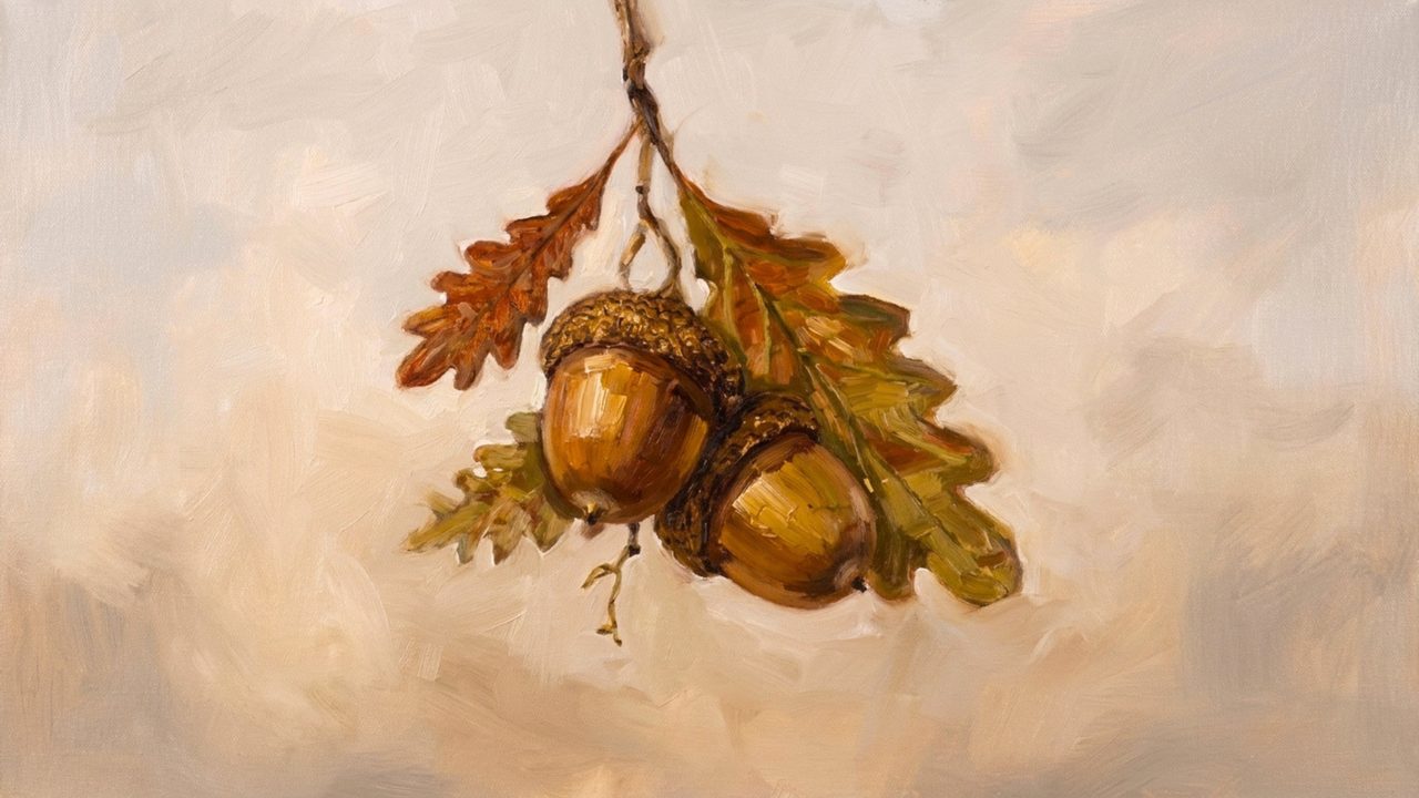 Fall Frame TV Art, Vintage Autumn Oil Painting (Acorns on Oak Branch)