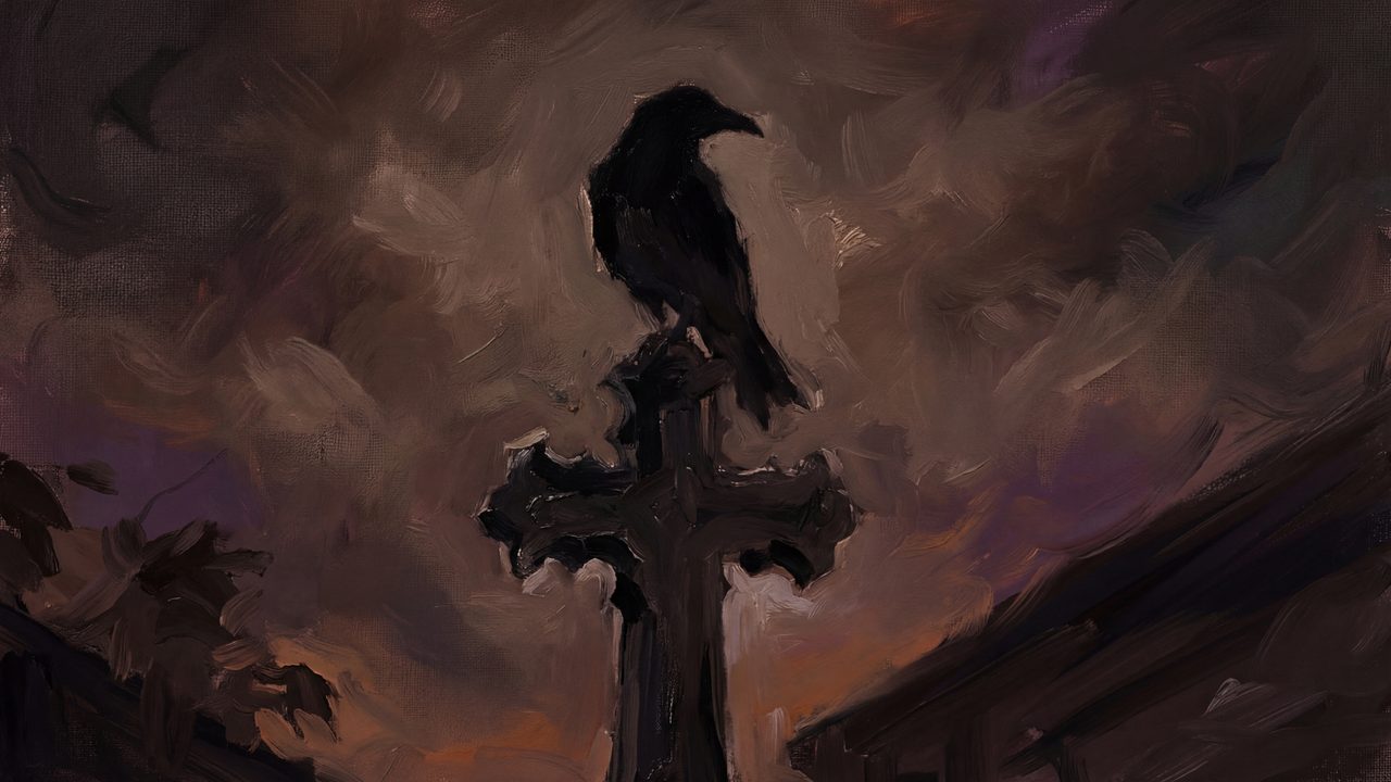 Halloween Frame TV Art, Vintage Moody Oil Painting (Raven on Grave Cross)