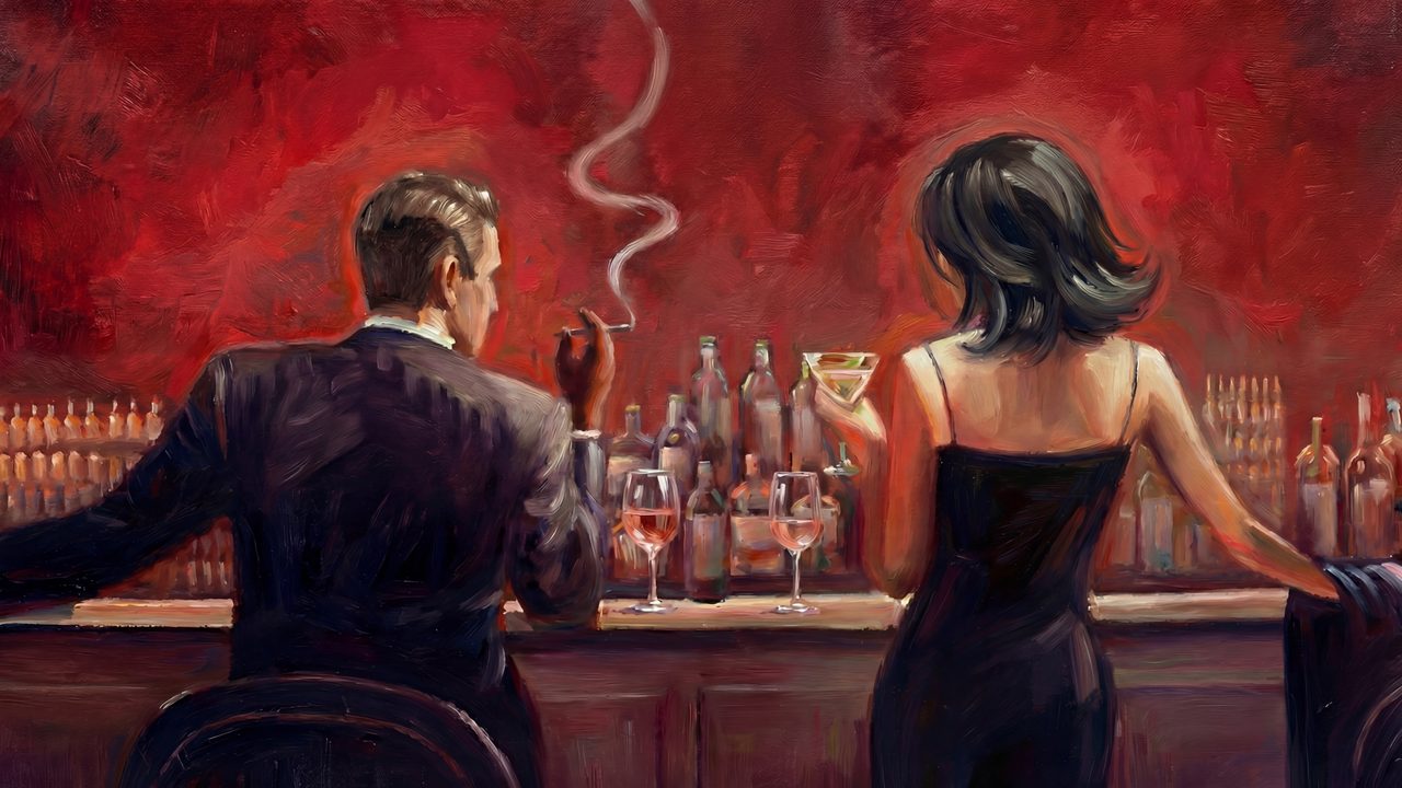 Samsung Frame TV Art Valentine's Day, Moody Bar Scene Couple, Noir Cocktail Lounge, Speakeasy Oil Painting