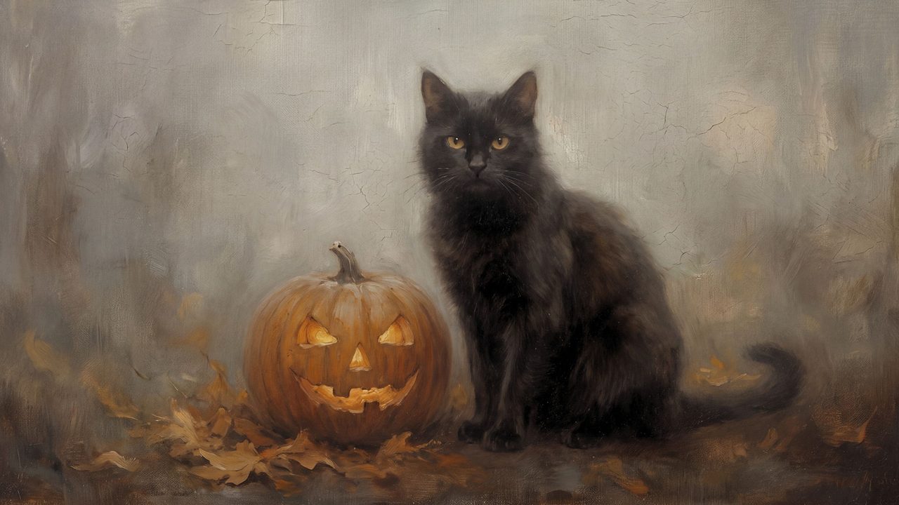 Halloween Frame TV Art, Vintage Moody Oil Painting (Black Cat with Jack-o-Lantern)