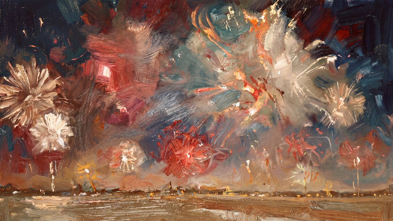 4th of July Frame TV Art, Patriotic American Oil Painting (Abstract Fireworks Night)