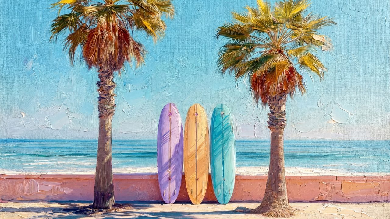 Summer Frame TV Art, Coastal Beach Oil Painting (Surfboards Between Palms)