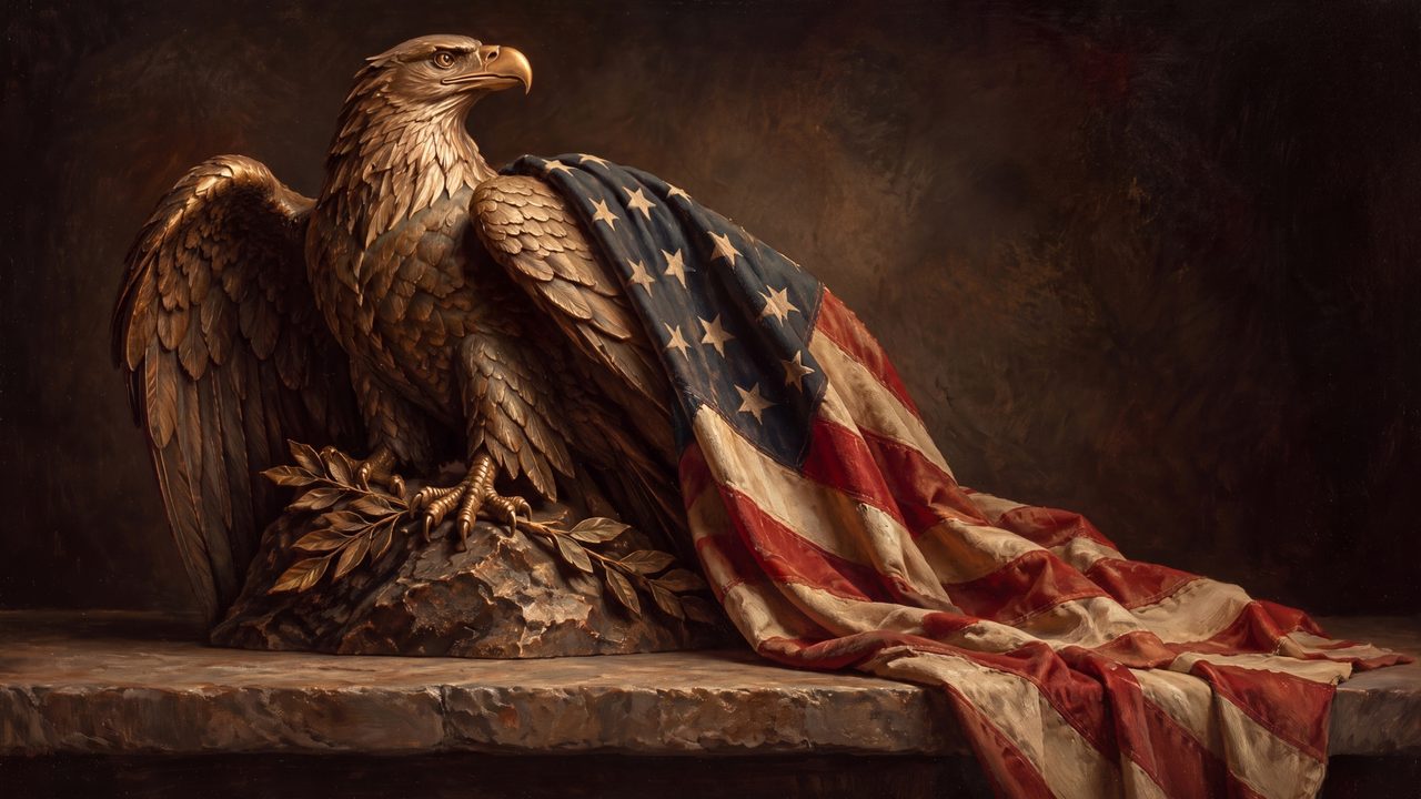 4th of July Frame TV Art, Patriotic American Oil Painting (Eagle Statue with American Flag)