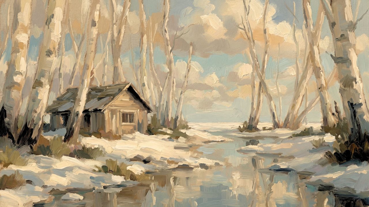 Christmas Frame TV Art, Vintage Holiday Oil Painting (Cottage Among Winter Birches)