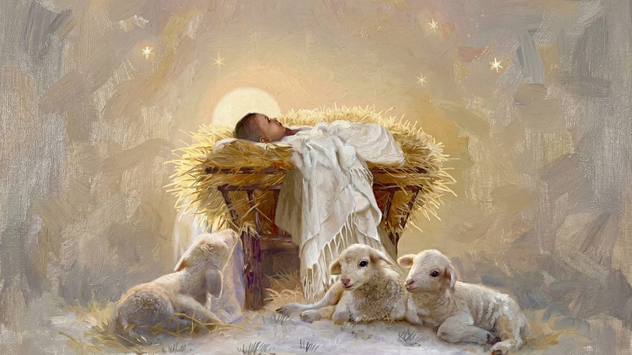 Baby Jesus in Manger TV Art, Nativity with Lambs Christian Oil Painting, Christmas Holy Night Samsung Frame TV Art