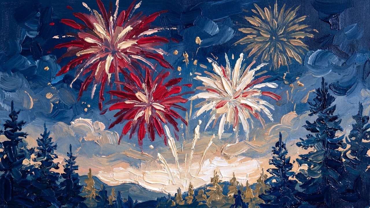 4th of July Frame TV Art, Patriotic American Oil Painting (Fireworks over Pine Forest)