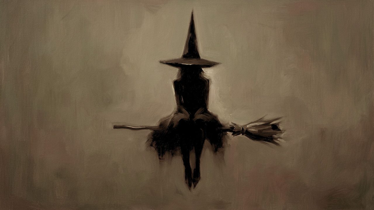 Fall Frame TV Art, Vintage Autumn Oil Painting (Witch on Broomstick)
