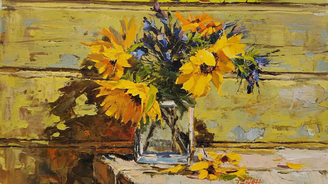 Spring Frame TV Art, Vintage Floral Landscape Oil Painting (Sunflowers in Glass Vase)