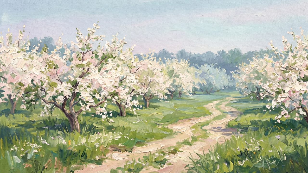 Spring Frame TV Art, Vintage Floral Landscape Oil Painting (White Blossom Orchard Path)