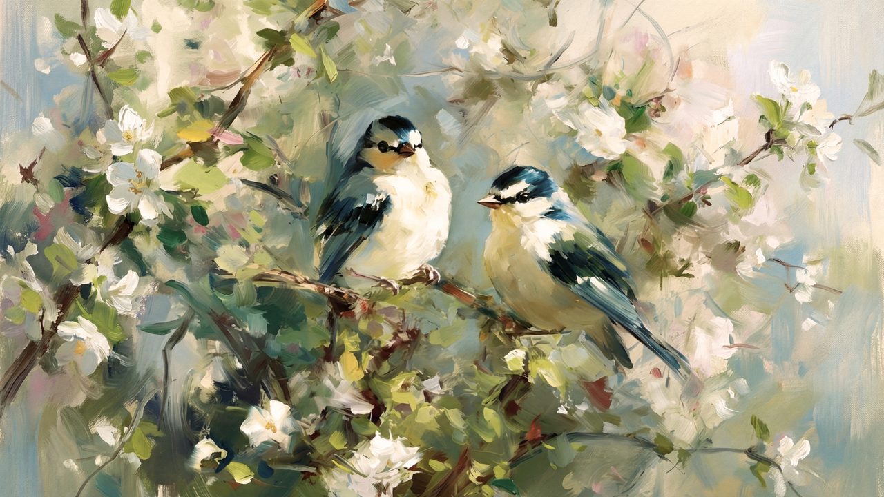 Spring Frame TV Art, Vintage Floral Landscape Oil Painting (Two Birds in Blossoms)