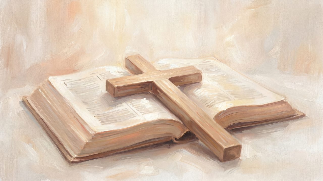 Christian Frame TV Art, Jesus Religious Oil Painting (Wooden Cross on Open Bible)