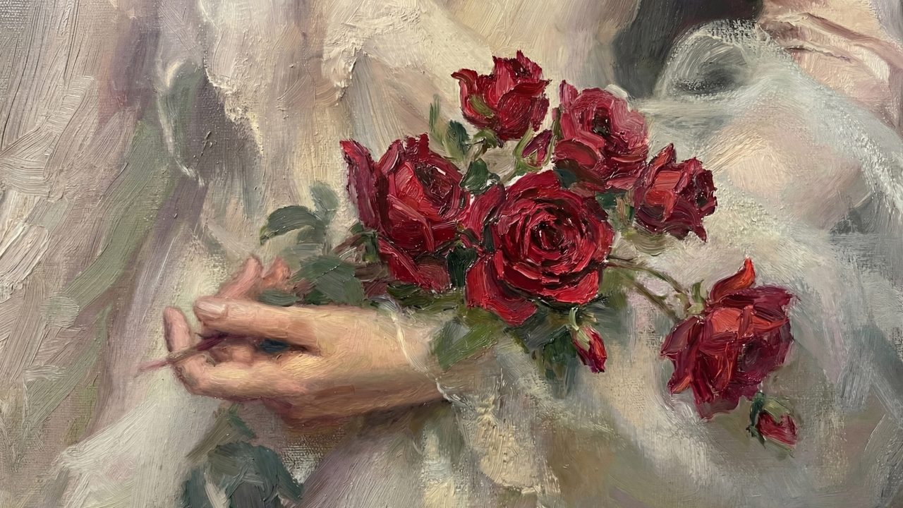 Valentine Frame TV Art, Romantic Vintage Oil Painting (Hand Holding Red Roses)