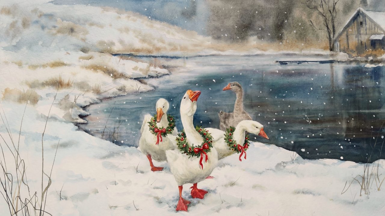 Christmas Frame TV Art, Vintage Holiday Oil Painting (Geese with Wreaths by Pond)
