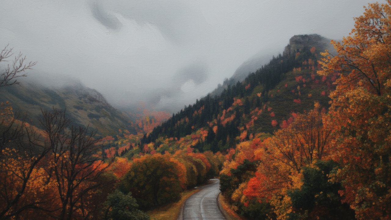 Fall Frame TV Art, Vintage Autumn Oil Painting (Misty Autumn Mountain Road)