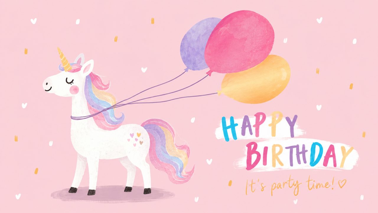 Happy Birthday Frame TV Art, Colorful Party TV Background (Unicorn with Balloons)
