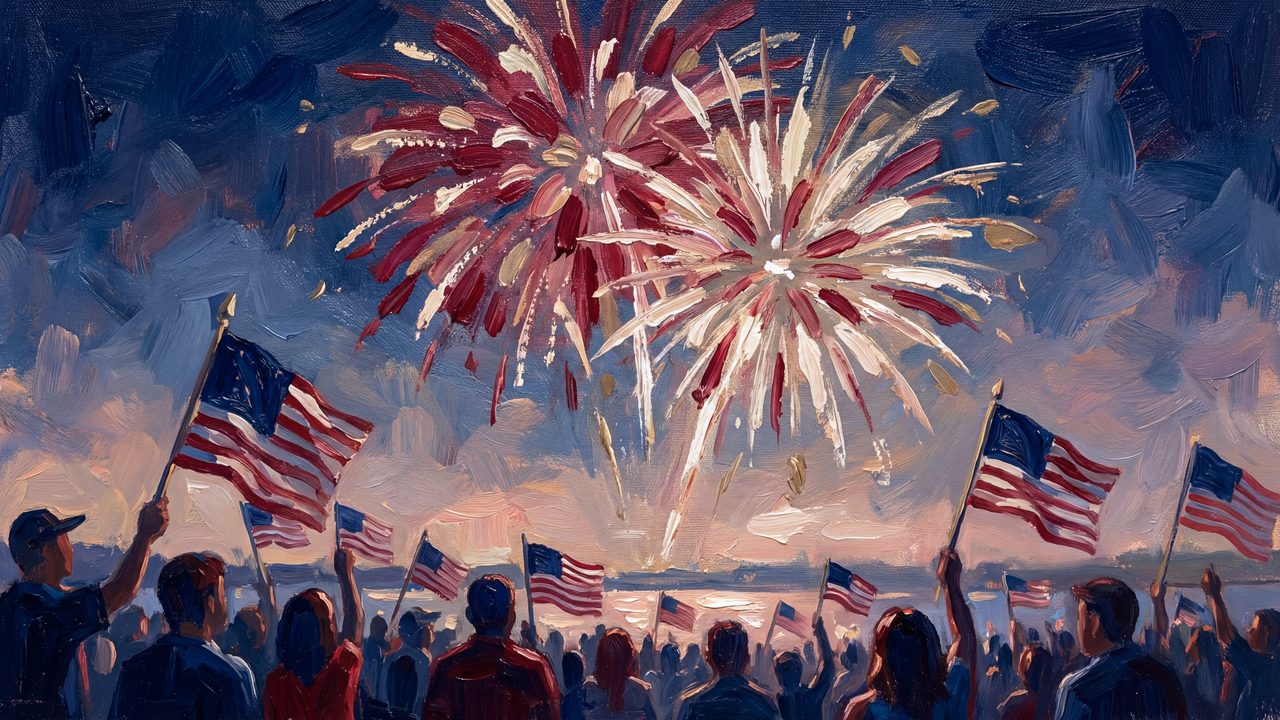 4th of July Frame TV Art, Patriotic American Oil Painting (Crowd Waving Flags at Fireworks)